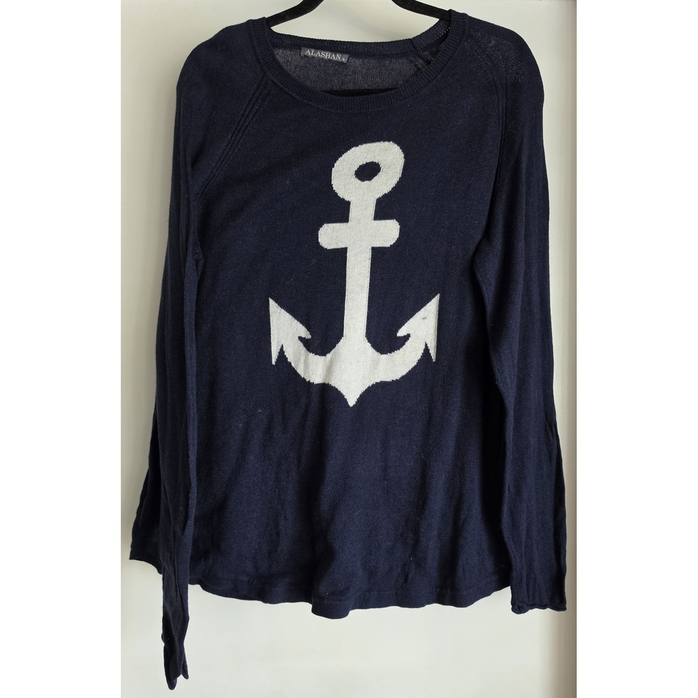 Alashan Cotton Cashmere Blend Sweater XL Navy Blue White Anchor Coastal Nautical